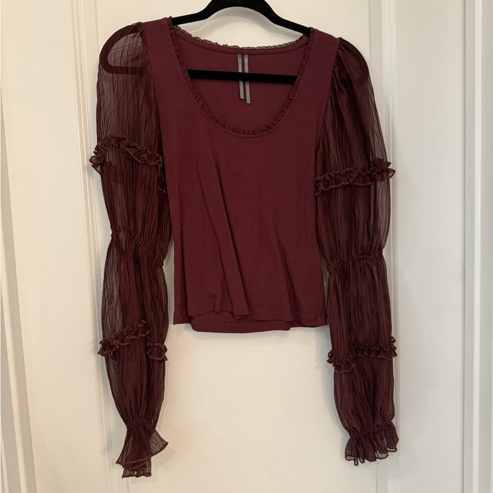 Anthropologie Burgundy Sheer Long-Sleeve Top